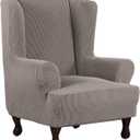 H.VERSAILTEX Wing Chair Slipcover Chair Covers for Wingback Chairs Wingback Chair Covers Slipcovers 1 Piece Stretch Sofa Cover Furniture Protector Soft Spandex Jacquard Checked Pattern, Taupe