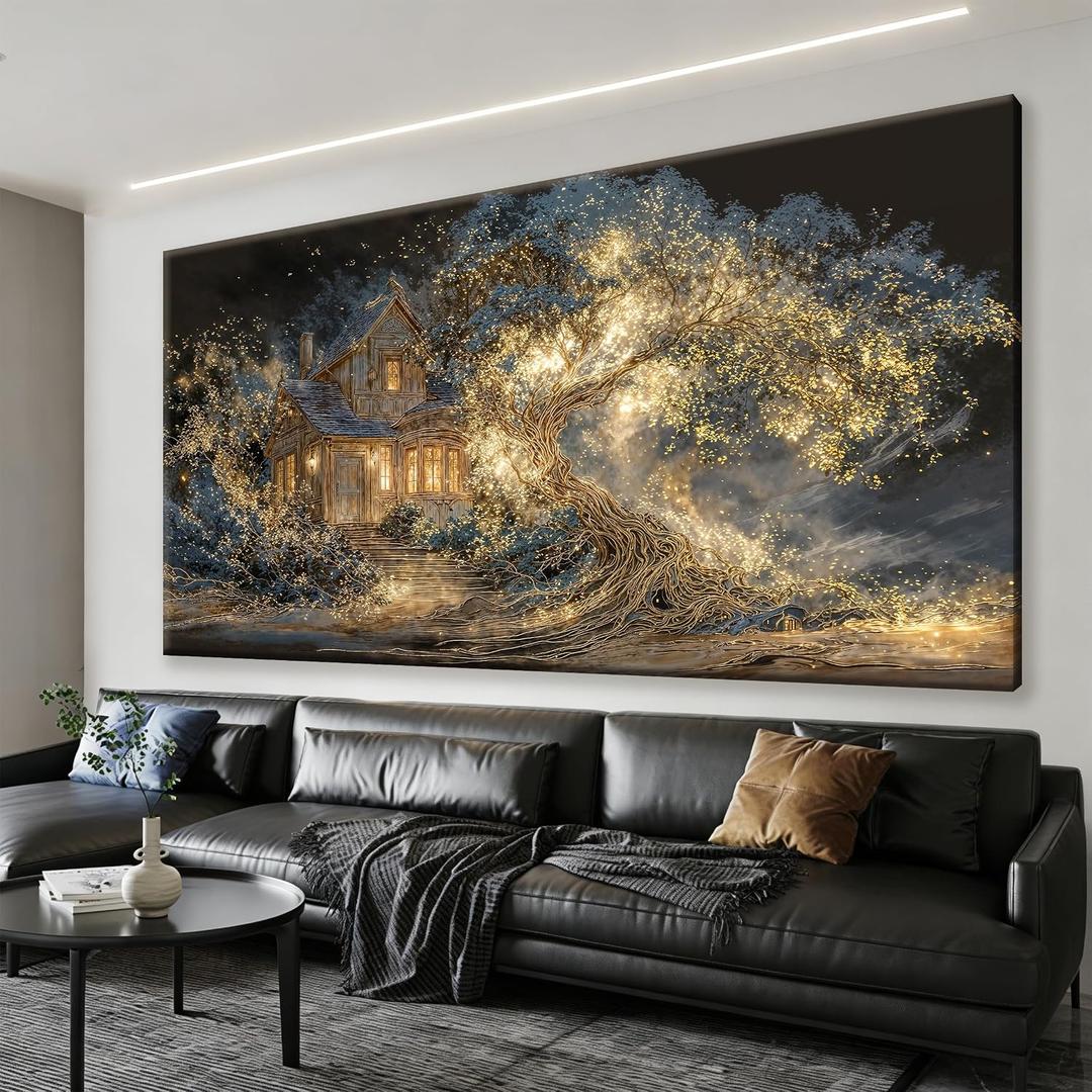 Modern Gold Landscape Canvas Treehouse Wall Art For Living Room 24x48 In