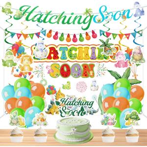 Dinosaur Baby Shower Decorations, 39 Pcs Hatching Soon Party Supplies with Banner Backdrop Hanging Swirl Toppers Toothpicks Balloons, Dino Party Decor for Gender Reveal Birthday
