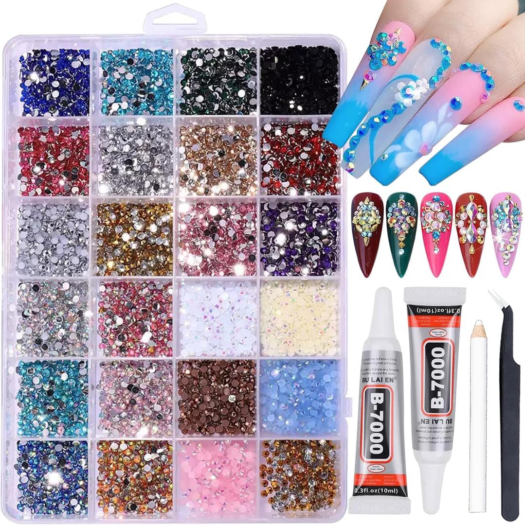 24Grids Resin Jelly Rhinestones with 2 Pcs B7000 Jewelry Glue for Crafting, Mixed-Color 3mm Flatback Rainbow Stones Colorful AB Gems Diamonds Charms for Nails Eyes Face Makeup Beuaty Crafting Tumblers