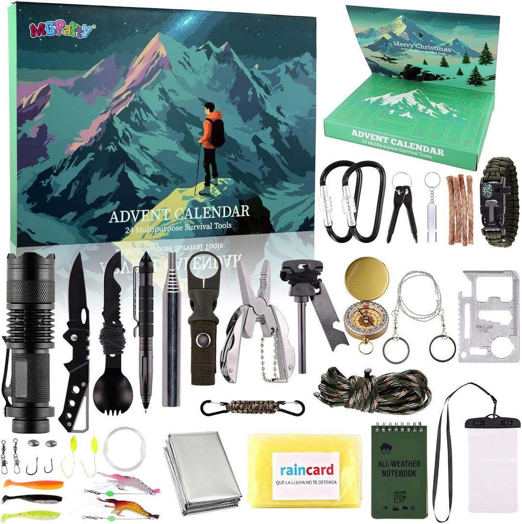 3 x 2025 Advent Calendar Survival Kit for Men, 24 Days Christmas Countdown with Outdoor Tools, Xmas Holiday Surprise Gifts for Camping Fishing Hiking Adventures
