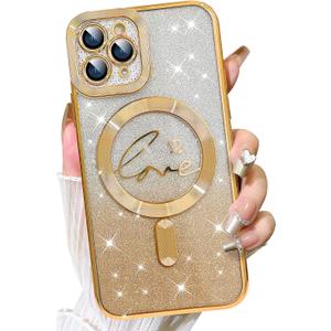 Fiyart Designed for iPhone 11 Pro Case,Compatible with MagSafe Love Heart Plating Camera Protection TPU Magnetic Glitter for Women Girls Shockproof Phone Bumper 5.8"-Gold