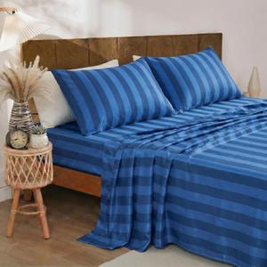 Merryword 100% Cotton Sheet Set Queen Size - Blue and Navy Stripes Bedding, Soft Breathable Percale Weave, Wide Stripe Deep Pocket Sheet 17.5", Luxury Linen Like, 4-Piece All Season Bedding