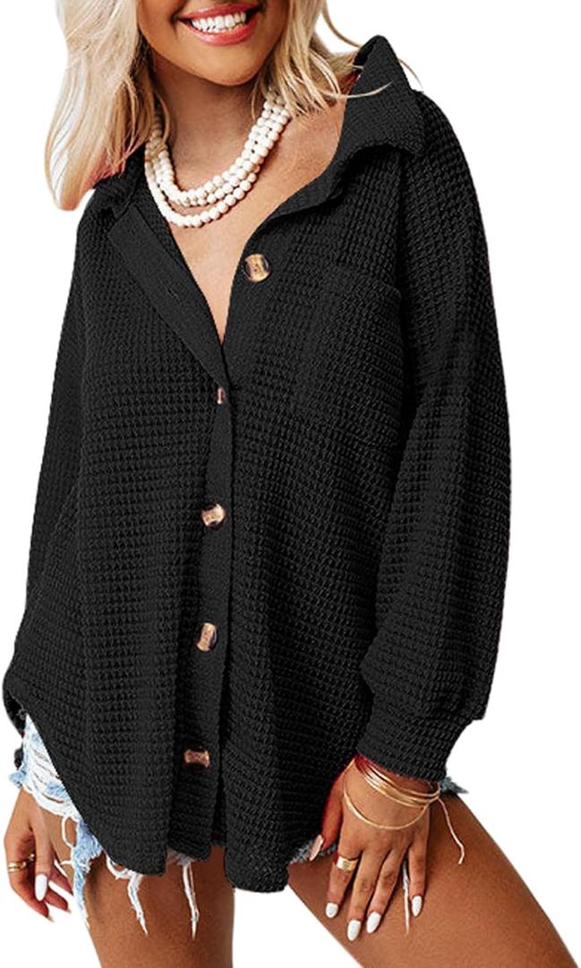Dokotoo Womens Waffle Knit Shacket Jacket Casual Long Sleeve Button Down Shirts Dressy Blouses Tops (Small, Black)