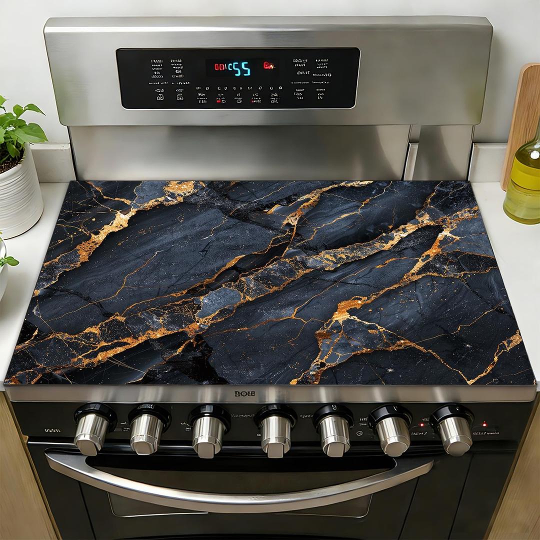 stove top covers for electric Stove Cover for Electric & Glass Stoves, 28"x 20" Heat-Resistant Non-Slip Protector Mat, Multipurpose Countertop Cover (Black Gold Marble)