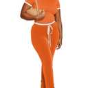 PINSV Women's 2 Piece Outfits Short Sleeve Tops and Long Pants Tracksuit Lounge Sets Orange XL (Orange, XL)