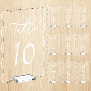 Vicenpal 10 Pcs Wedding Scalloped Acrylic Clear Table Numbers 5x7 Inch Acrylic Table Numbers 1-10 with Stand for Weddings Centerpieces Receptions Parties Events Decor