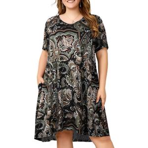 OVERWORETY Womens Short Sleeve Plus Size T-Shirt Dress V Neck Casual Loose Swing A-Line Summer Tunic Dresses with Pockets (2X)