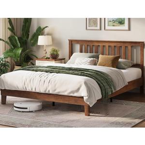 LINSY Solid Wood Bed Frame, Mid Century Modern Bed Frames Full Bedframe Wooden Platform Frame with Headboard and Slat Bases, No Box Spring Needed, Easy Assembly, Antique Walnut