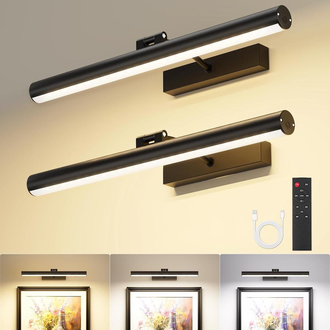 VOLISUN 16 inch Picture Lights for Wall, Rechargable Picture Light Battery Operated, 3 Color Temperatures Cordless Picture Light with Remote, Art Light for Paintings, Gallery, Portrait, 2 Pack (Black)