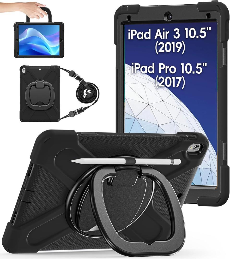 BATYUE iPad Air 3rd Generation Case 2019 / iPad Pro 10.5 inch Case 2017; Rugged Heavy Duty Protective Cover with Pencil Holder, 360 Swivel Stand, Shoulder Strap; for Kids (Black)
