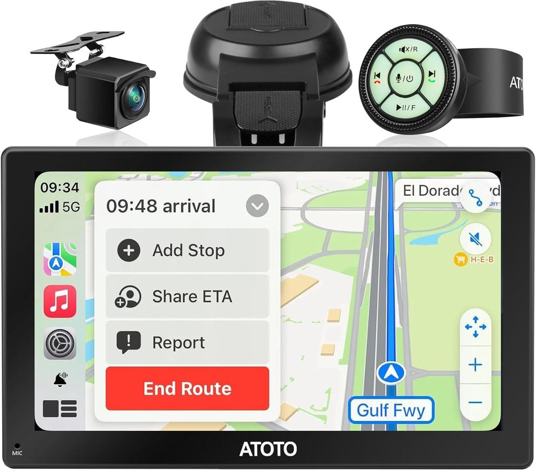 ATOTO P8 Wireless Portable Android Auto Carplay Screen for Car, 7'' QLED Glare-Suppressing Car Screen with WDR&Auto Dimmer, 1080P Backup Cam, Remote Control, On-Dash Cam Input, P807SD-RC