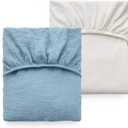 Muslin Standard Fitted Crib Sheets, 52"x28", 2 Pack Soft Breathable Natural Cotton Baby Mattress Sheet, 360° Mattress Wrapping No Slip Boys Girls Neutral Toddler Bed Sheet, Grey Blue