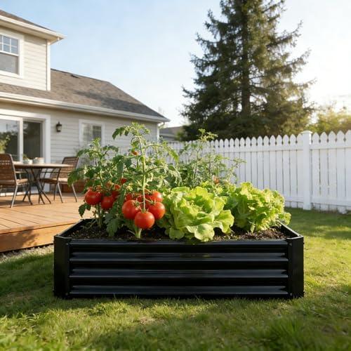 VERFARM Metal Galvanized Raised Garden Bed Kit, 4 x 2 x 1 ft Galvanized Steel Raised Garden Planter Box Outdoor with Open Base for Growing Vegetables/Flowers/Herbs/Fruits/Succulents, Rectangle, Black