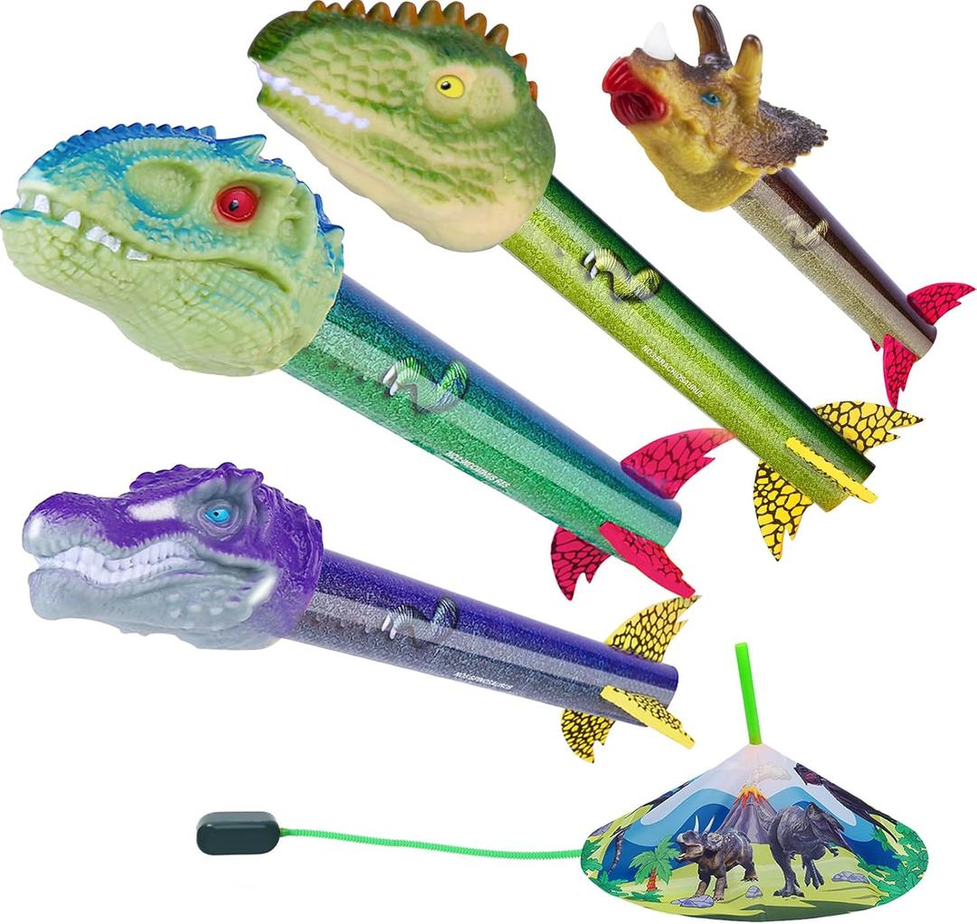 Dinosaur Toy Rocket Launcher for Kids - Launch Up to 100 Ft, 4 Rockets, Outdoor Outside Toys for Kids, Dinosaur Toys, Birthday Gifts for 3 4 5 6 7 8-12 Year Old Boys Girls