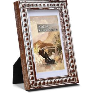 4x6 Rustic Picture Frame with Mat for 3x5, Decorative Distressed Beaded Wooden Real Glass, Vertical or Horizontal Display Photo Gallery Wall & Tabletop Frame, White Washed Brown