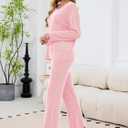 Womens 2 Piece Lounge Sets Long Sleeve Ribbed Knit Casual Top Wide Leg Pants Matching Set Spring Fall Outfits (Pink, L)