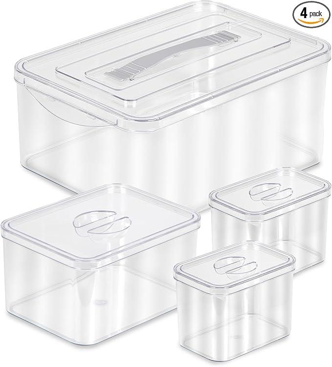 Richards Homewares Clear Plastic Storage Bins with Lids - 1 Large, 1 Medium and 2 Small Storage Containers for Closet Fridge Pantry Organizing