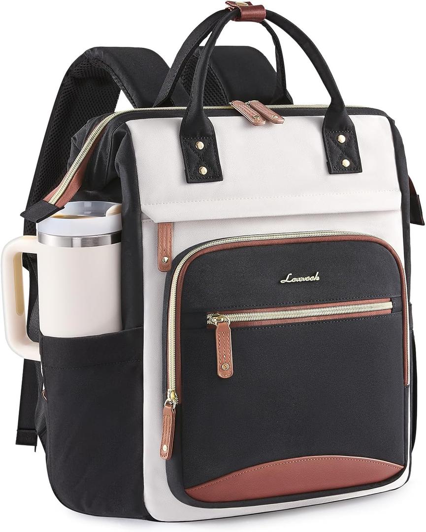 LOVEVOOK Laptop Backpack for Women Work Bag with Large Capacity Cup Side Pocket, 15.6 Inch Waterproof Computer Backpacks Purse, College Bookbag for School, Business, Teacher, Travel (Beige-black)