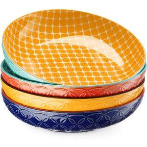 DOWAN 8.5" Vibrant Pasta, Salad & Soup Serving Bowls Set of 4, Embossed Large Porcelain Ceramic, Microwave, Oven & Dishwasher Safe, Bonita Design Perfect for Daily Dining, Family Gatherings, Party