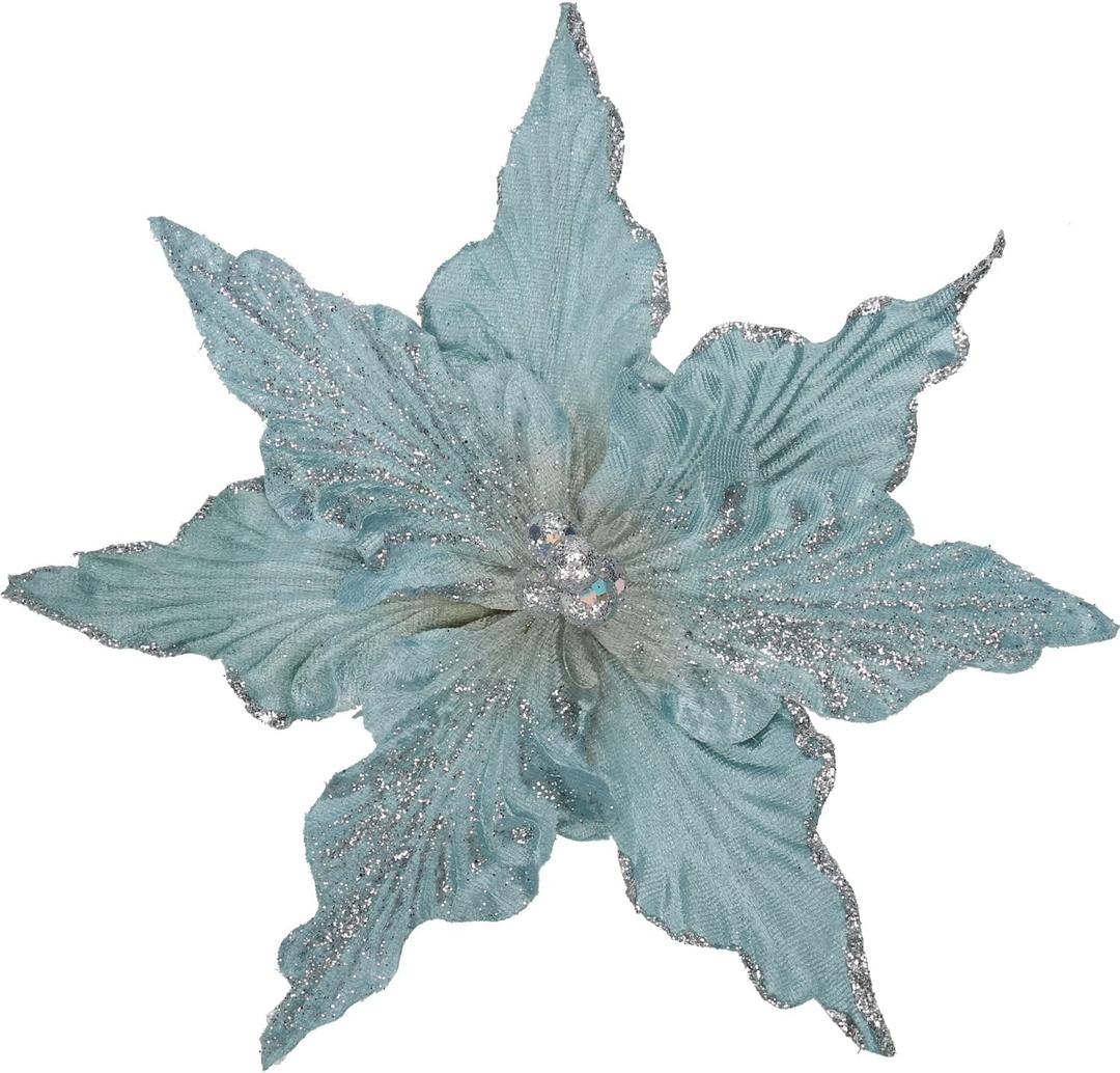 Briful 9'' Heads Christmas Glitter Poinsettia Flowers Picks Christmas Tree Ornaments Set of 8 Artificial Flowers with Clips for Xmas Tree Party DIY Holiday Decorations, Light Blue