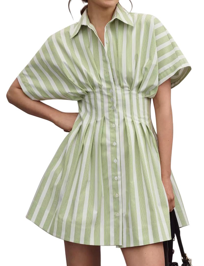 MISSACTIVER Women Pleated Button Down Shirt Dress Short Sleeve Striped Corset Mini Dresses Casual Summer Short Dress M