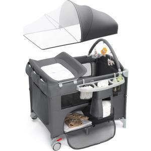 Ktaxon 5 in 1 Bedside Bassinet, Pack and Play, Bedside Crib with Diaper Changer, Spacious Storage Basket, Protective Mosquito Net, Engaging Toy Bar and Travel Bag for Newborn to Toddler(Grey)