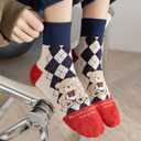 Women Crew Socks Casual Cotton Checkerboard Socks with Cartoon Bear Above Ankle Athletic Socks for Women 5 Pairs Size 5-9