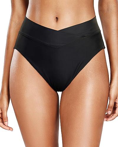 Holipick Black High Waisted Bikini Bottoms - V Cut Bathing Suit Bottom Moderate Coverage Swim Bottom M