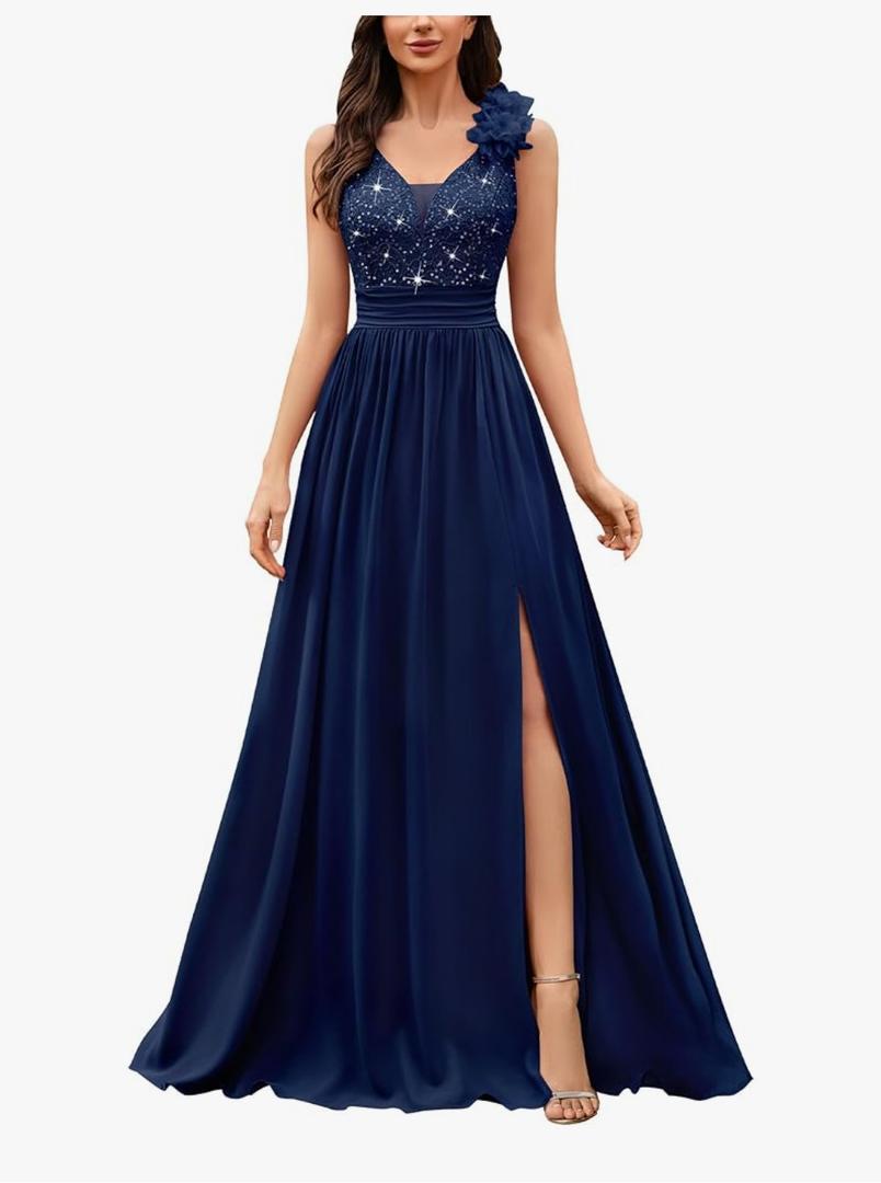 Miusol Women's Vintage V-Neck Sleeveless Sequined Split Formal Evening Maxi Dress L