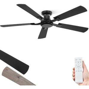 ZMISHIBO 52 Inch Ceiling Fan No Light, Flush Mount Low Profile, Modern Black Ceiling Fan Without Light, Remote Control & Quiet DC Motor, for Indoor&Outdoor, Bedroom, Living Room