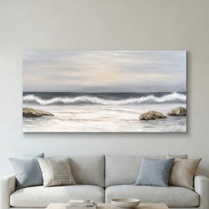 SENROLAN Coastal Seascape Canvas Wall Art, Neutral Blue Grey Ocean Waves Wrapped Canvas Print, Large Horizontal Wall Decor for Living Room Above Sofa, Ready to Hang, 48 x 24 Inch