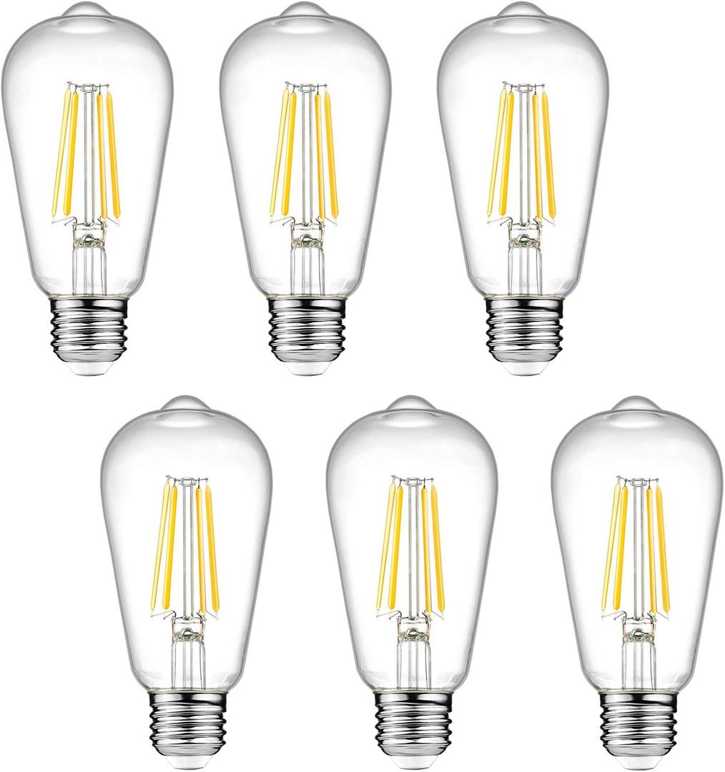 Ascher Dimmable Vintage LED Edison Bulbs, 6W, Equivalent 60W, 700lm, Warm White 2700K, 80+ CRI, ST58 Antique LED Filament Bulbs, E26 Medium Base, Clear Glass, Pack of 6