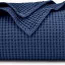 PHF 100% Cotton Waffle Weave Blanket King Size for Bed,Snag Proof Lightweight Breathable Throw for Couch,Great for Layering in Cold Weather,Machine Washable,Home Decor Gift-Navy Blue/Bright Blue (King(104" x 90"))