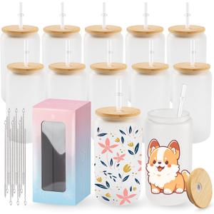 Joyclub 12 Pack Sublimation Blanks Bulk Frosted Glass Cups with Lids and Straws 16oz, Sublimation Glass Tumbler Blanks Beer Can Shaped Mugs for Iced Coffee Smoothie Soda Boba Tea Cocktail DIY Gift