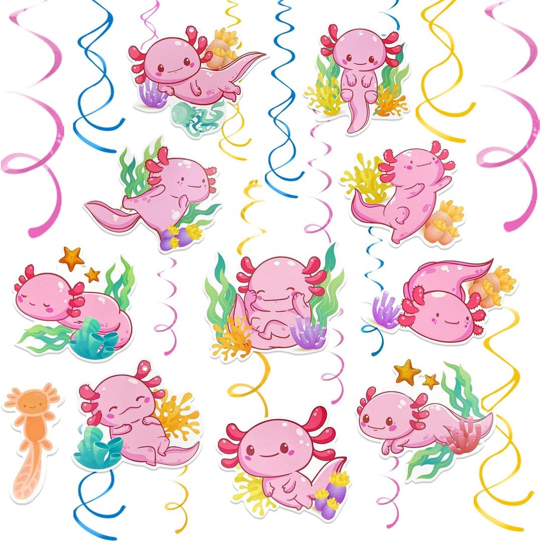 4 x 30 Pcs Axolotl Hanging Swirls Party Decorations Axolotl Birthday Party Spiral Decor Supplies Ceiling Decorations for Boys Girls Axolotl Fans