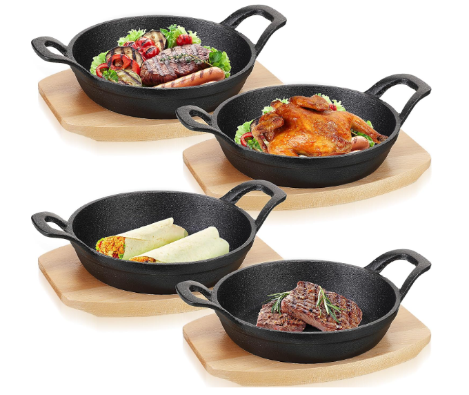 Sliner 4 Sets Mini Cast Iron Skillet Small Cast Iron Plates Skillet with Wooden Base Small Round Pan Fajita Plate Pot for Baking Cooking(6.3 Inches)