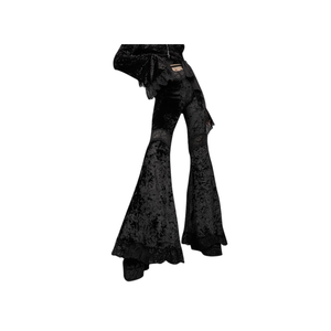 Women Goth Velvet Flare Pants Hollow Out Lace High Waist Bell Bottom Trousers L