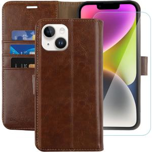 MONASAY Wallet Case Compatible for iPhone 13 mini, [Glass Screen Protector Included] [RFID Blocking] Flip Folio Leather Cell Phone Cover with Credit Card Holder, 5.4-inch, Brown