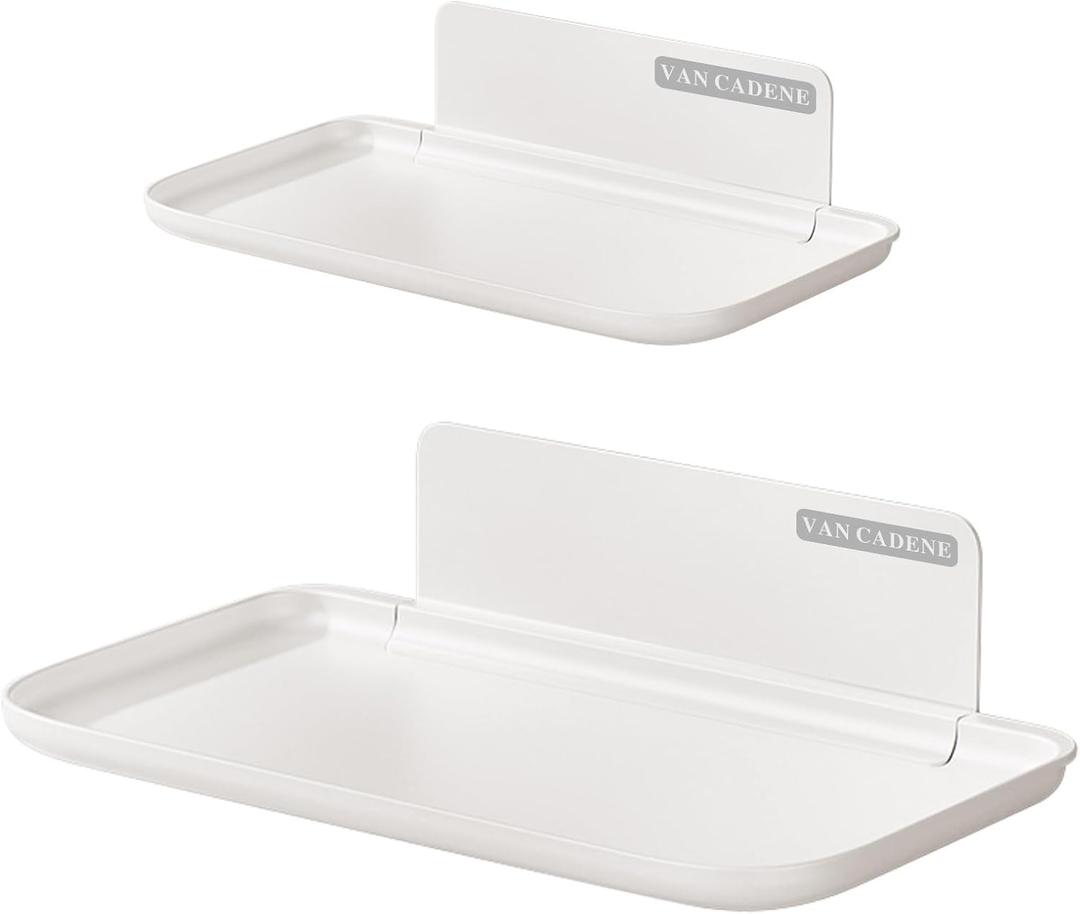 2-Pack Foldable Floating Shelves for Wall | No Drill White Wall Shelves | Small Floating Shelf for Bathroom, Bedroom, RV, KitchenAdhesive Shelves for Phones, Watches | Renter Friendly
