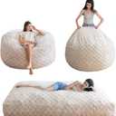 MAXYOYO Bean Bag Chair Bed for Adults, Convertible Beanbag Folds from Lazy Chair to Floor Mattress Bed, Large Floor Sofa Couch, Big Sofa Bed, High-Density Foam Filling, Machine Washable Cover (Full, Plaid Beige)