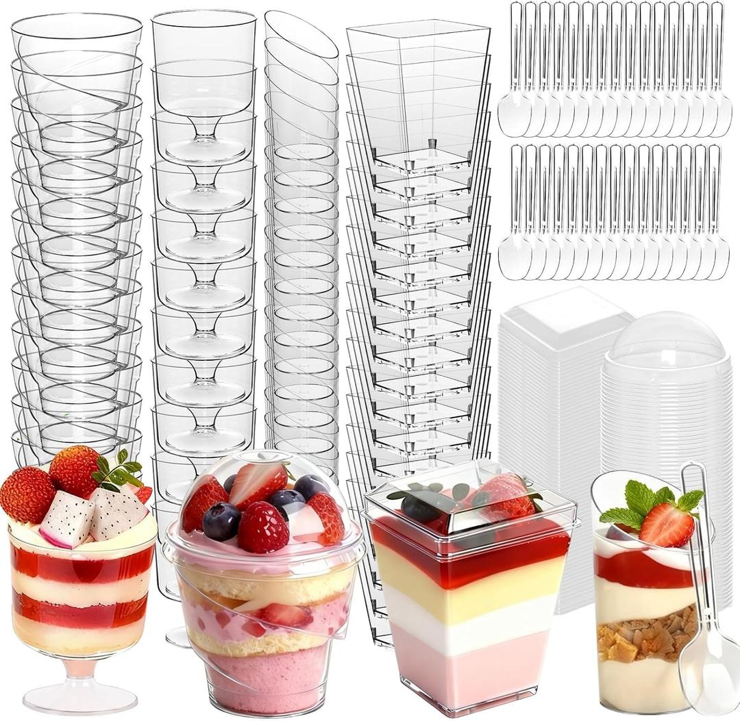 400-Pack 5 oz Dessert Cups with Lids and Spoons, Clear Plastic Parfait & Yogurt Cups, Mini Shooter Cups for Parties, Ice Cream, Pudding, Fruit | Square Appetizer Containers