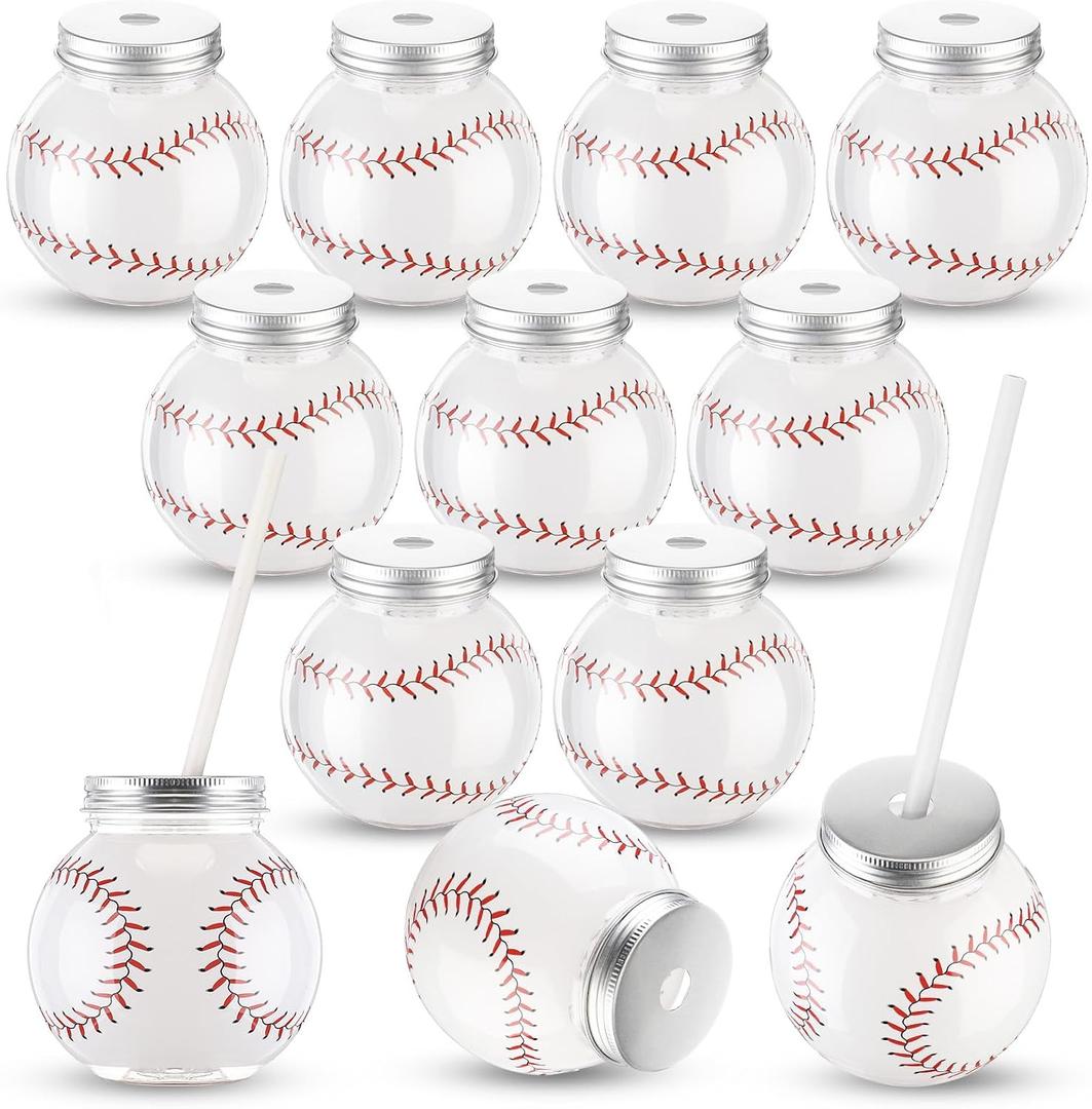 Baderke 12 Set Sports Party Decor 10oz Plastic White Red Baseball Ball Shape Cups with Straws and Lids Ball Cups Bulk Sport Theme Bottle for Drink Birthday Party Favors Supplies