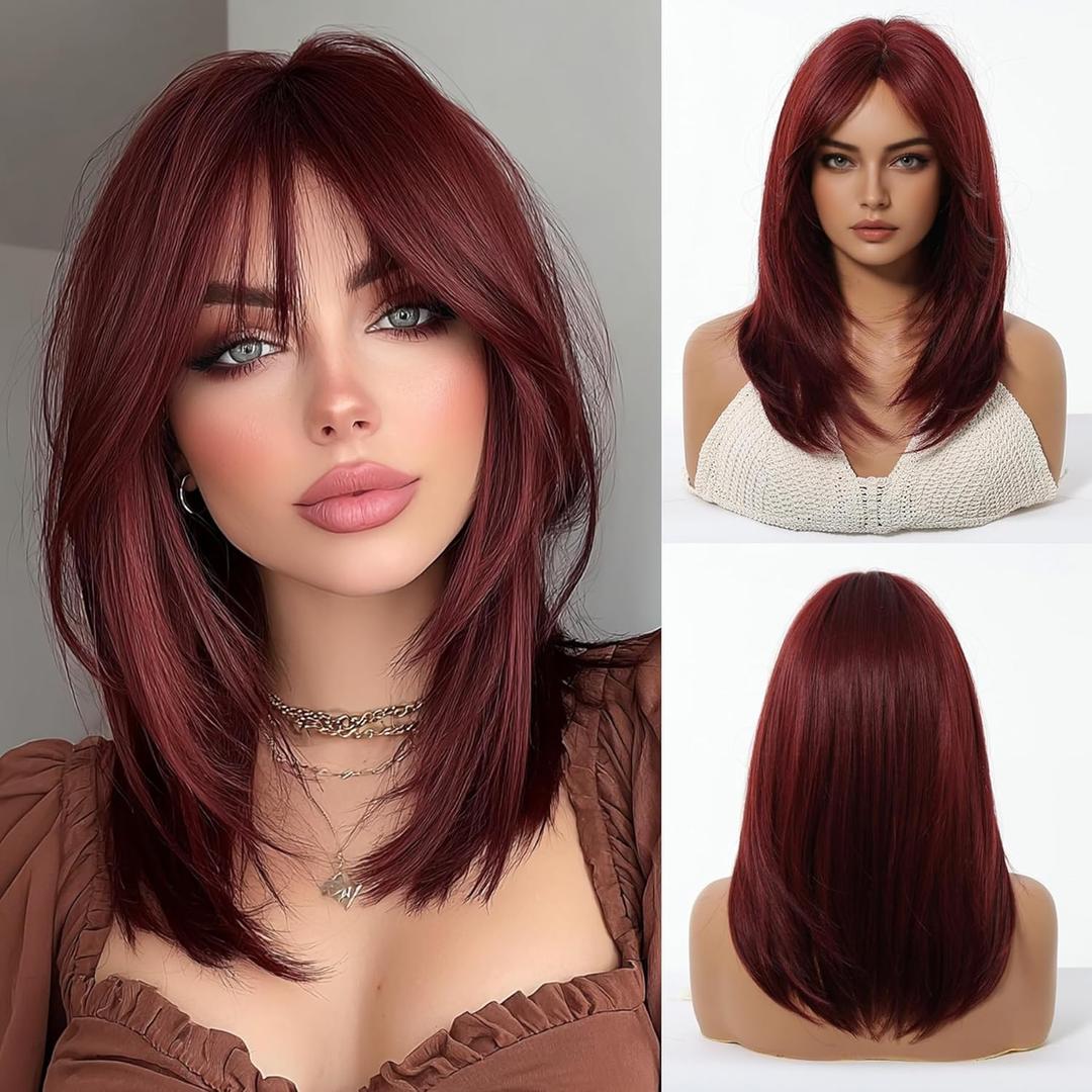 Burgundy Wig for Women Long Layered Wine Red Wigs with Bangs 16 Inches Dark Red Layered Wig with Curtain Bangs Natural Synthetic Wigs Straight Medium Length Hair Wigs for Girl Daily Party Use