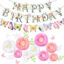 Fullhawl 24 Pcs Flower Birthday Banners Wildflower Spring Decorations Include Floral and Butterflies Birthday Letters and Paper Flowers with Butterfly and Leaves for Spring Garden Party Decorations