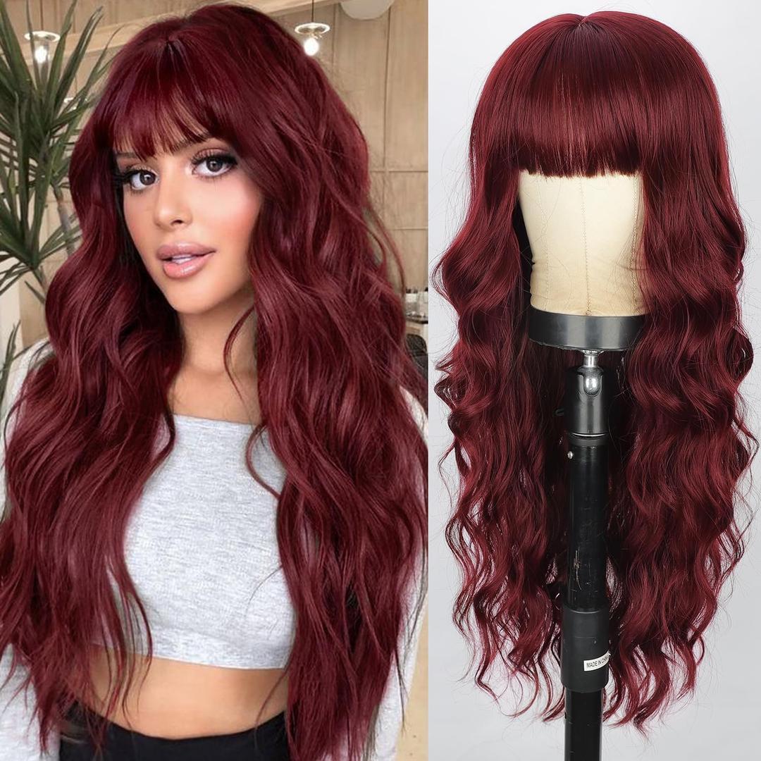 Lativ Wine Red Wig with Bangs Long Wavy Wigs for Women Curly Synthetic Heat Resistant Fibre Burgundy Wigs for Girls Daily Party Use 26 Inches