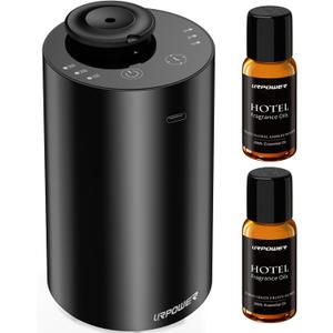 URPOWER Waterless Essential Oil Diffuser: No Water Needed Battery Operated Scent Diffuser - 2 * 20ML Hotel Fragrance Essential Oils - Cordless & Mini Oil Machine Aluminum for Car Home Office(Black)