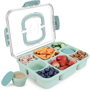 2 x Large Snackle Box Container with 2 Sauce Cups, 8-Compartment Divided Serving Tray with Lid & Handle, Portable Snack Tray for Travel Picnic, Leak-Proof, Dishwasher Safe, BPA-Free