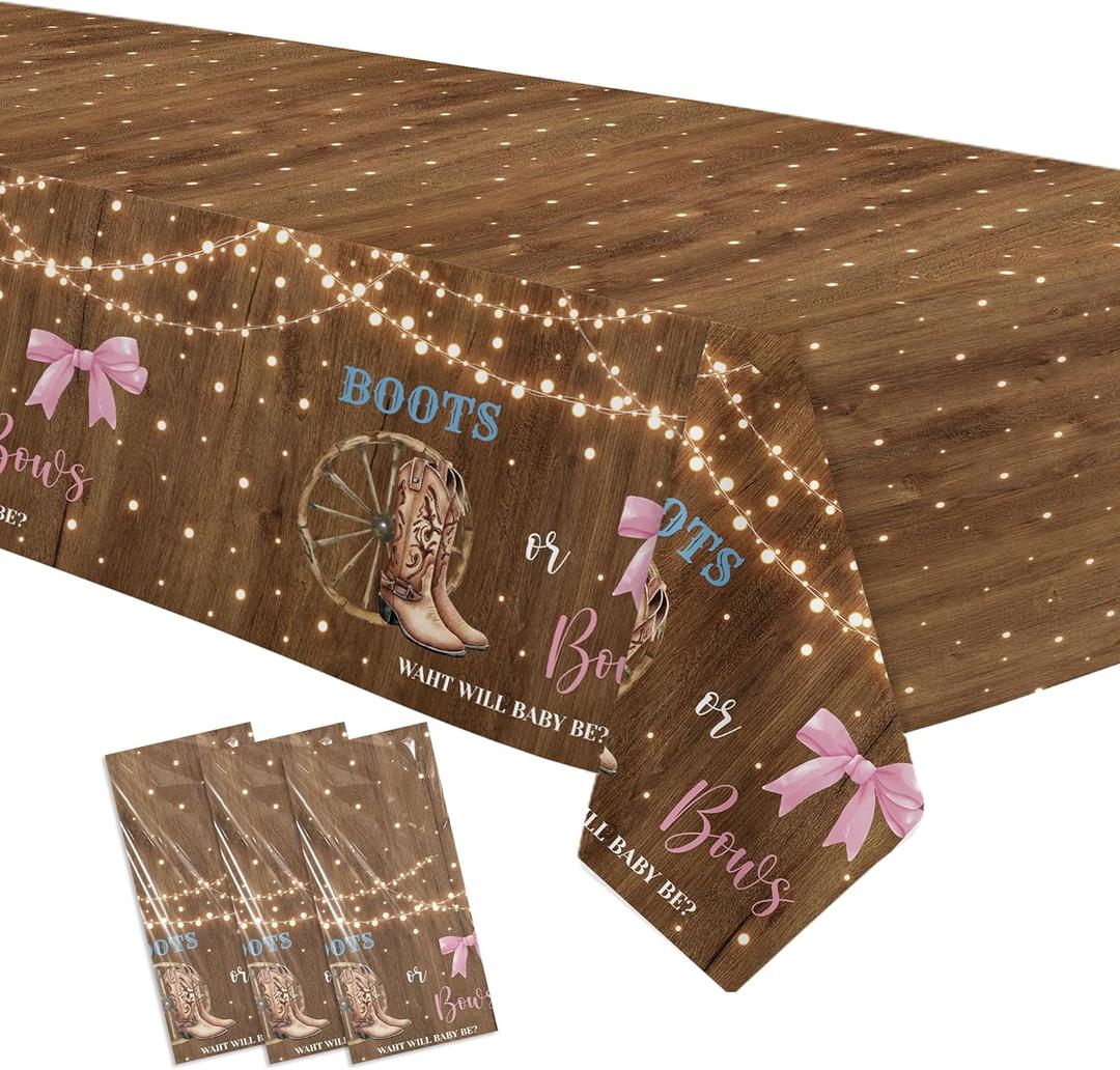 Boots or Bows Gender Reveal Decorations Tablecloth, 3 Pack Disposable Cowboy Boots Pink Bows Boy or Girl Gender Reveal Party Supplies Tablecover for Baby Shower, 86in x 55in