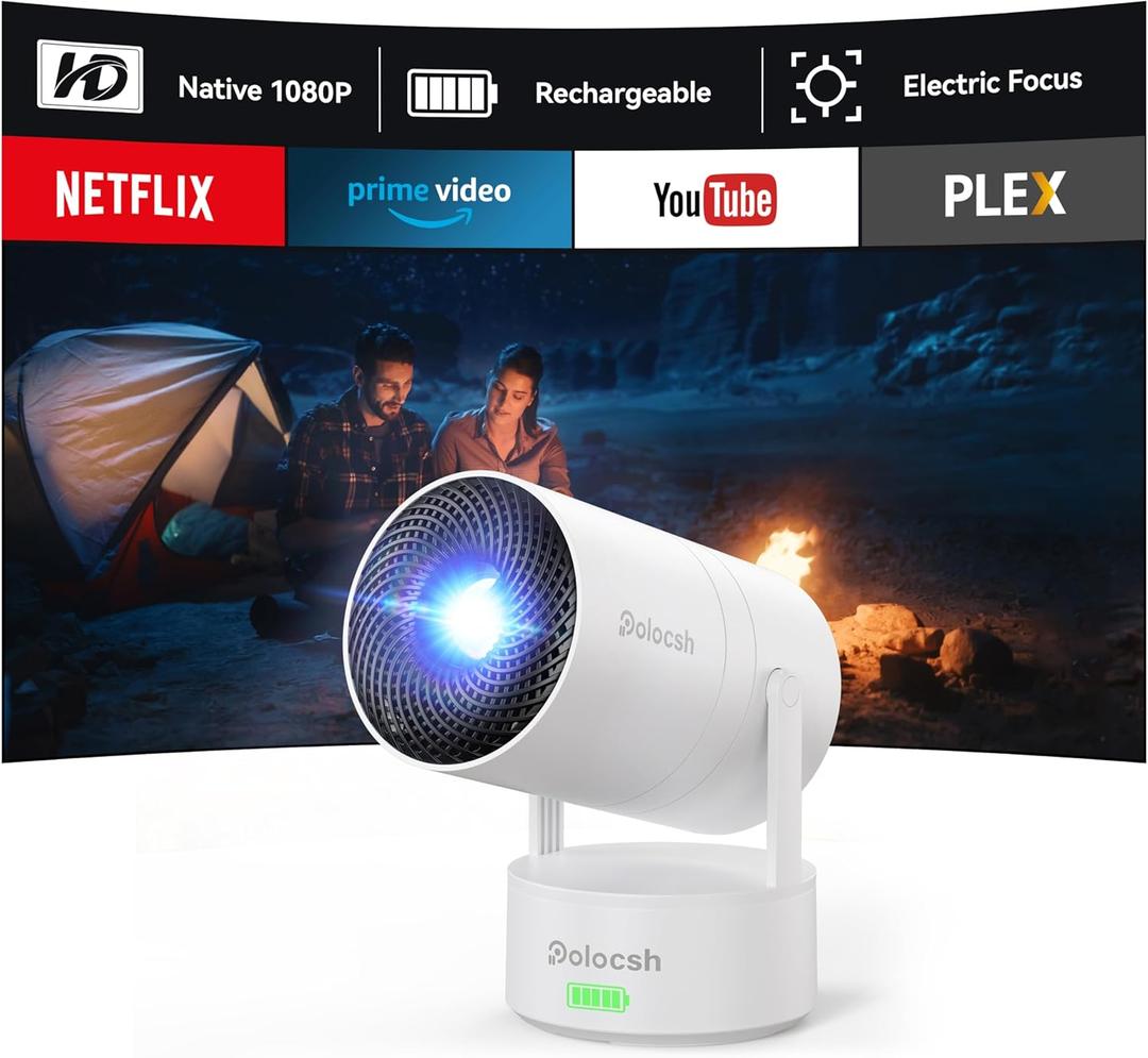 Mini Projector, Rechargeable Portable Outdoor Smart Projector with 4K Support, Auto Keystone, Android 11 Small Projector with WiFi and Bluetooth, Electric Focus Home Theater for iphone (White)